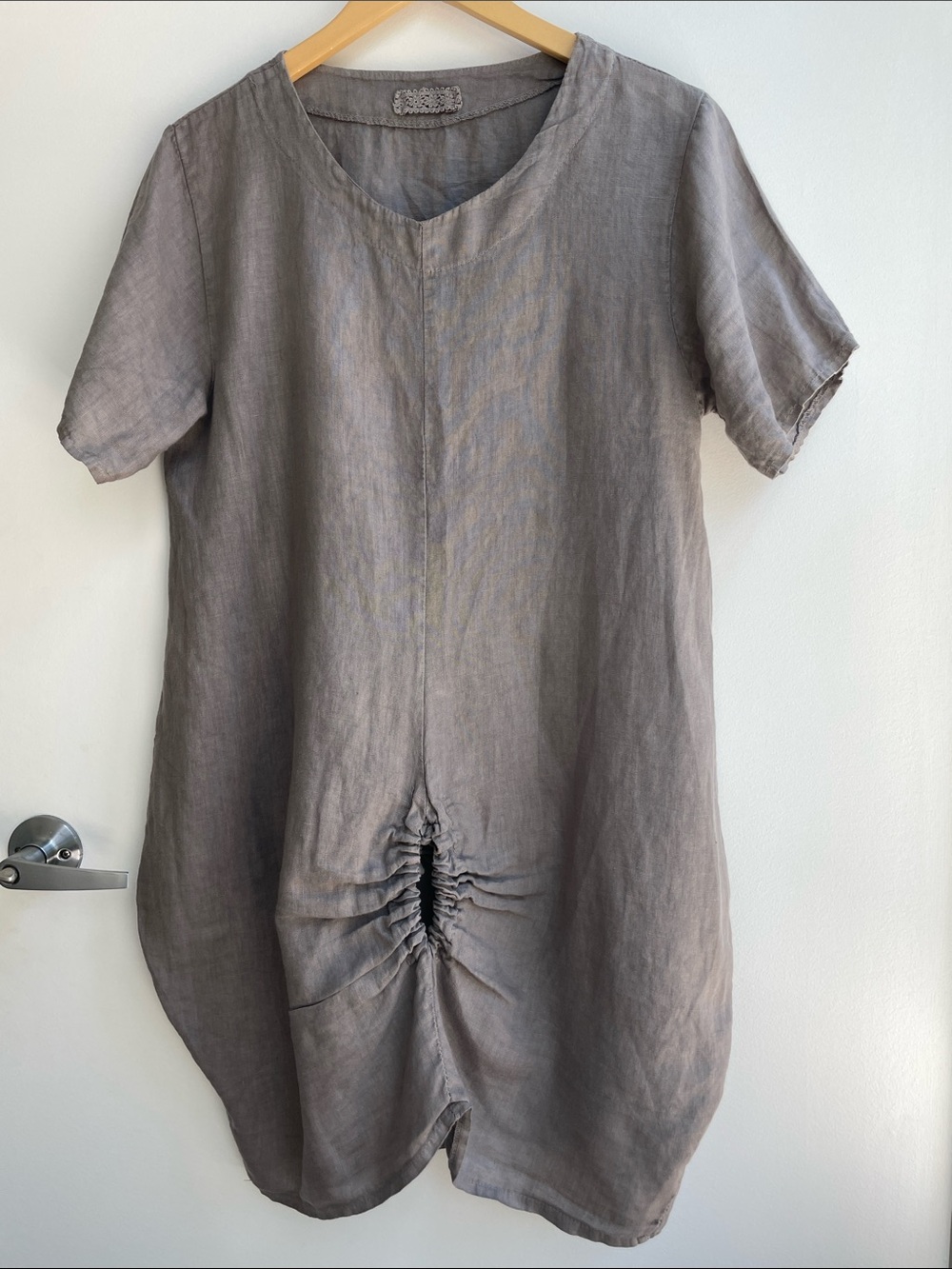 Taupe 100% Linen Short Sleeve Tunic Dress Size S/M